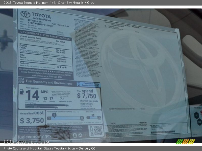 Silver Sky Metallic / Gray 2015 Toyota Sequoia Platinum 4x4