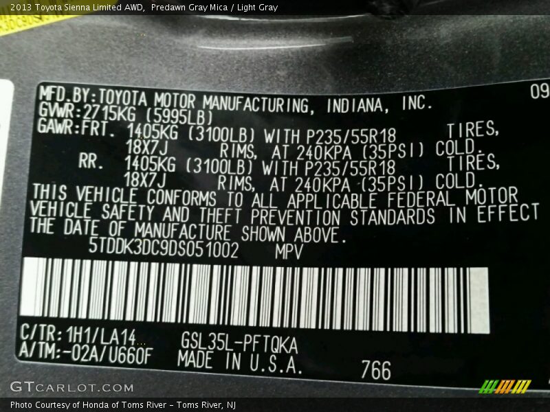 Predawn Gray Mica / Light Gray 2013 Toyota Sienna Limited AWD