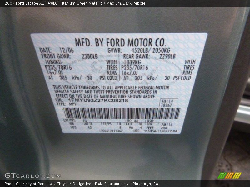 Titanium Green Metallic / Medium/Dark Pebble 2007 Ford Escape XLT 4WD