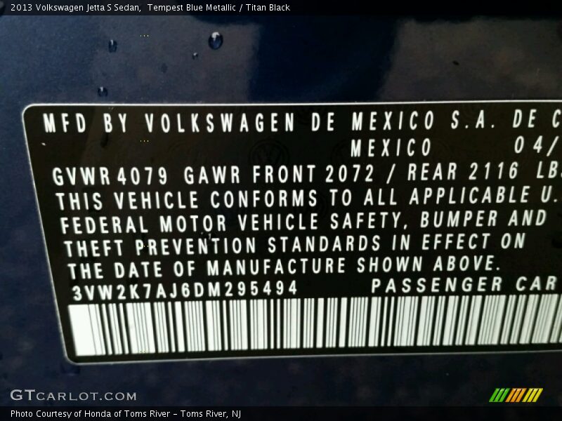 Tempest Blue Metallic / Titan Black 2013 Volkswagen Jetta S Sedan