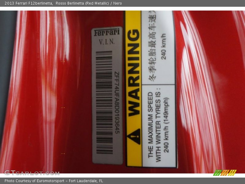 Info Tag of 2013 F12berlinetta 