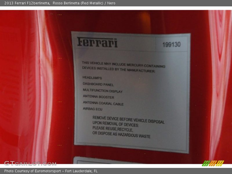 Info Tag of 2013 F12berlinetta 