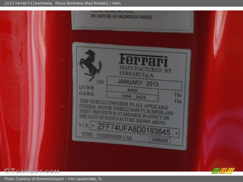 Info Tag of 2013 F12berlinetta 