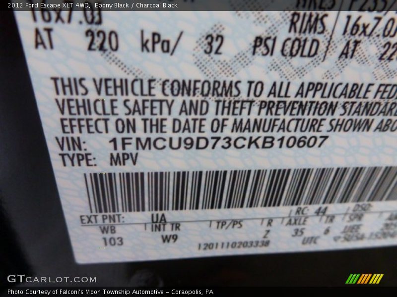 Ebony Black / Charcoal Black 2012 Ford Escape XLT 4WD