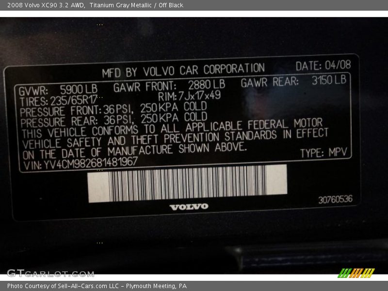 Titanium Gray Metallic / Off Black 2008 Volvo XC90 3.2 AWD