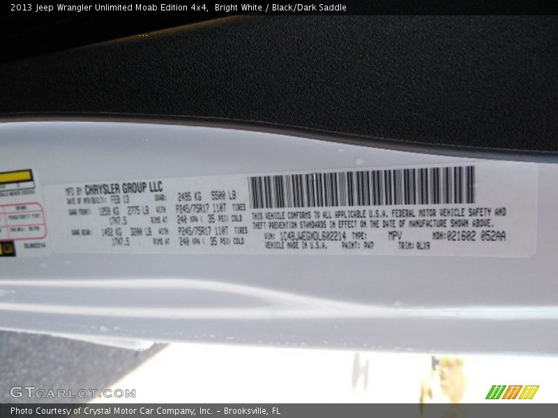 Bright White / Black/Dark Saddle 2013 Jeep Wrangler Unlimited Moab Edition 4x4