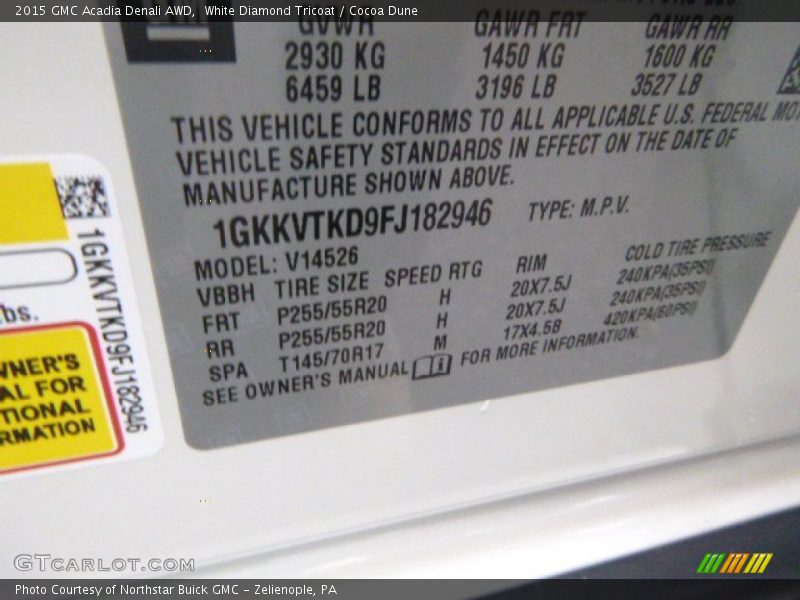 White Diamond Tricoat / Cocoa Dune 2015 GMC Acadia Denali AWD