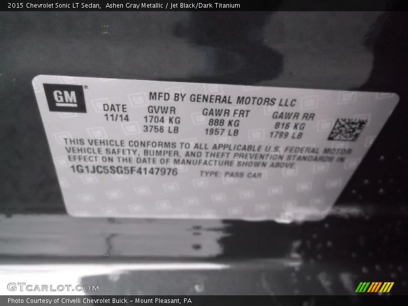 Ashen Gray Metallic / Jet Black/Dark Titanium 2015 Chevrolet Sonic LT Sedan