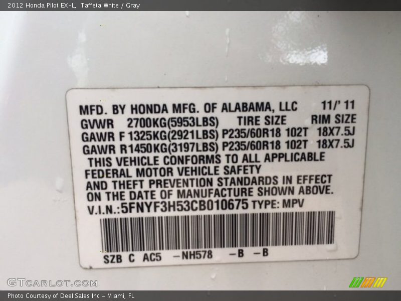 Taffeta White / Gray 2012 Honda Pilot EX-L