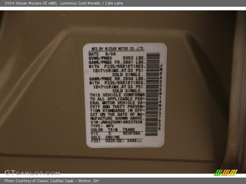 2004 Murano SE AWD Luminous Gold Metallic Color Code E12
