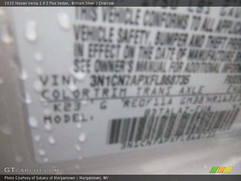 Brilliant Silver / Charcoal 2015 Nissan Versa 1.6 S Plus Sedan