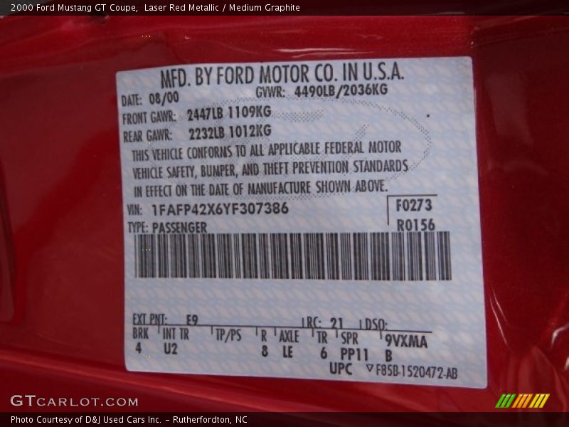 2000 Mustang GT Coupe Laser Red Metallic Color Code E9