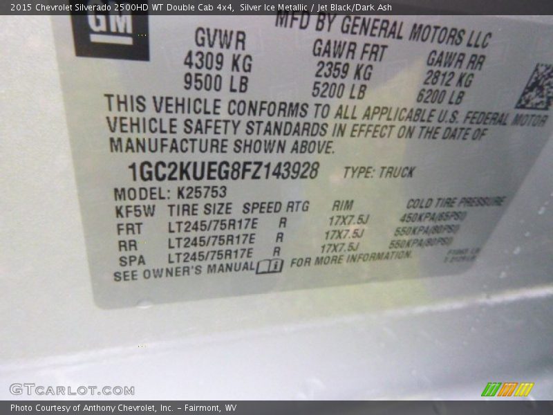Silver Ice Metallic / Jet Black/Dark Ash 2015 Chevrolet Silverado 2500HD WT Double Cab 4x4