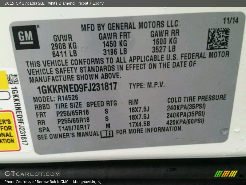 White Diamond Tricoat / Ebony 2015 GMC Acadia SLE
