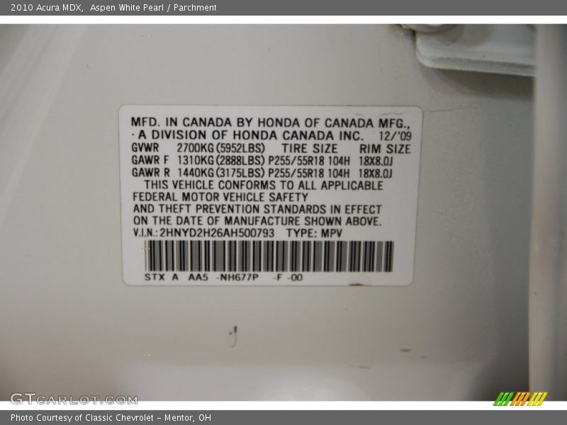 Aspen White Pearl / Parchment 2010 Acura MDX