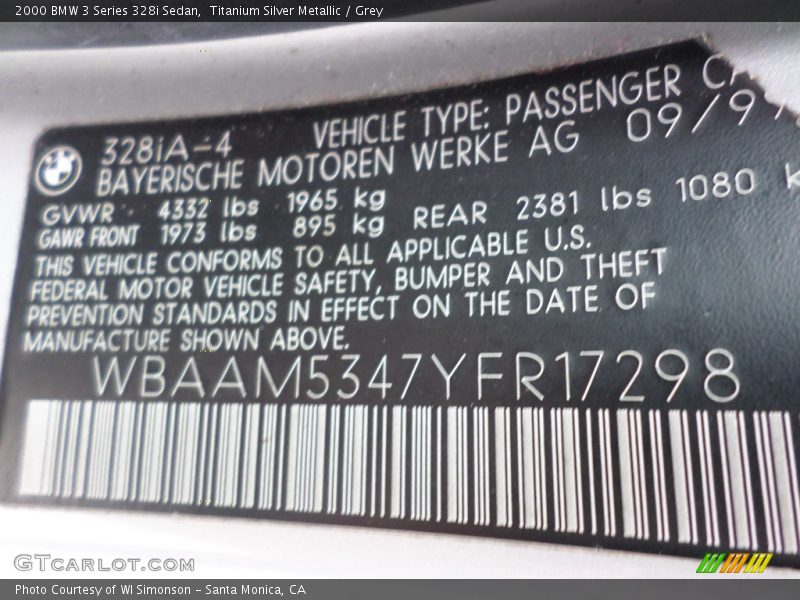 Titanium Silver Metallic / Grey 2000 BMW 3 Series 328i Sedan