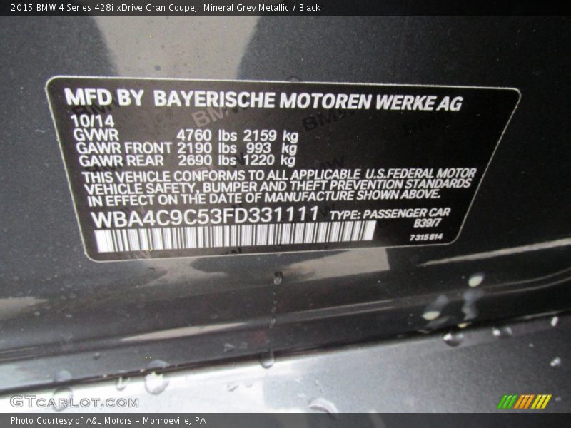Mineral Grey Metallic / Black 2015 BMW 4 Series 428i xDrive Gran Coupe