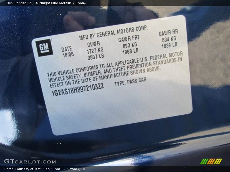 Midnight Blue Metallic / Ebony 2009 Pontiac G5