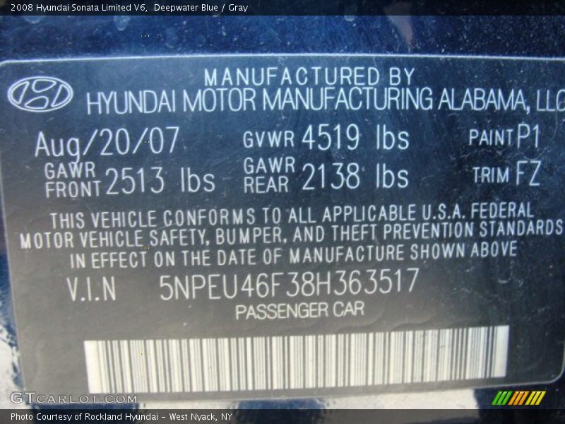 Deepwater Blue / Gray 2008 Hyundai Sonata Limited V6