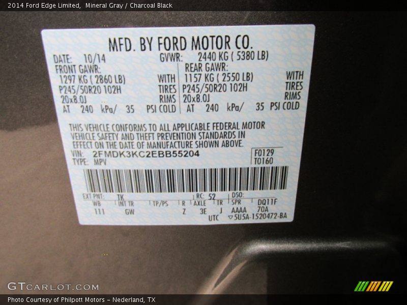 Mineral Gray / Charcoal Black 2014 Ford Edge Limited