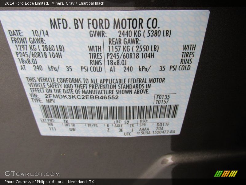Mineral Gray / Charcoal Black 2014 Ford Edge Limited