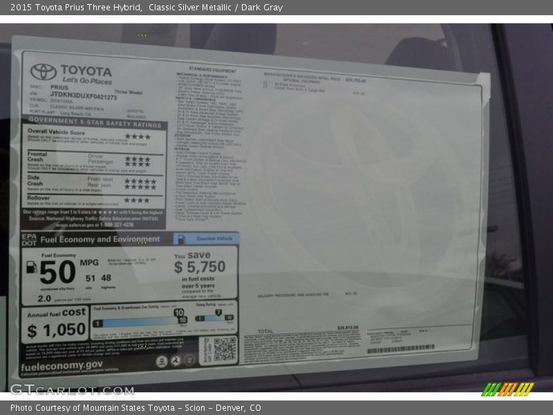 Classic Silver Metallic / Dark Gray 2015 Toyota Prius Three Hybrid