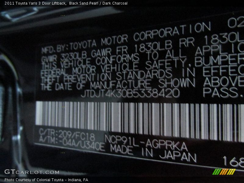 Black Sand Pearl / Dark Charcoal 2011 Toyota Yaris 3 Door Liftback