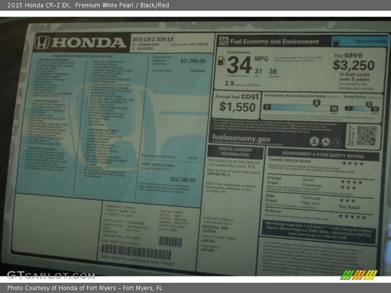 Premium White Pearl / Black/Red 2015 Honda CR-Z EX