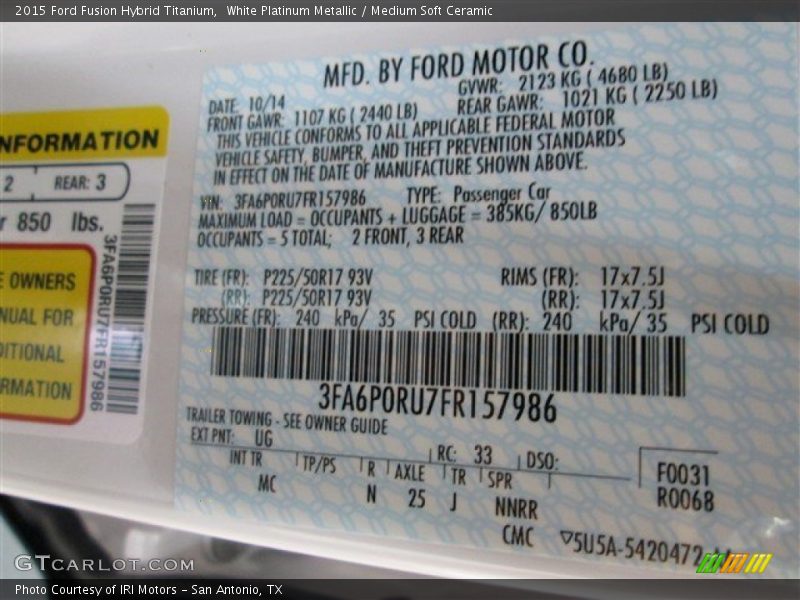 2015 Fusion Hybrid Titanium White Platinum Metallic Color Code UG