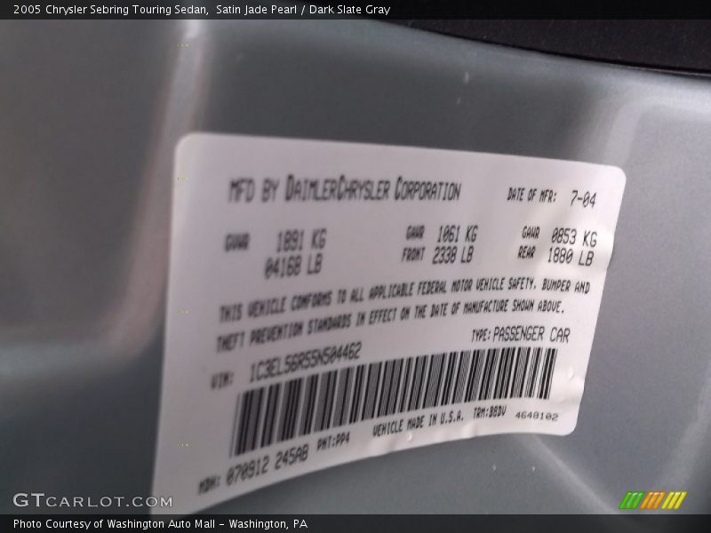 Satin Jade Pearl / Dark Slate Gray 2005 Chrysler Sebring Touring Sedan