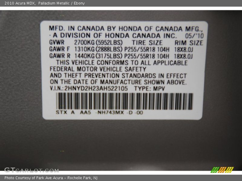 Palladium Metallic / Ebony 2010 Acura MDX
