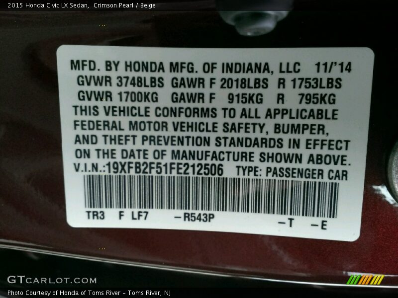 Crimson Pearl / Beige 2015 Honda Civic LX Sedan