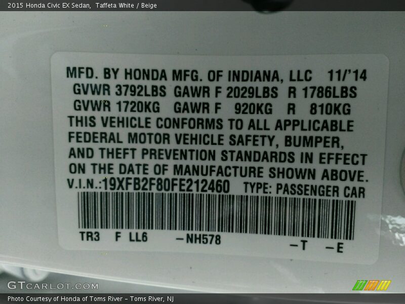 Taffeta White / Beige 2015 Honda Civic EX Sedan