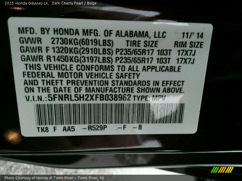 Dark Cherry Pearl / Beige 2015 Honda Odyssey LX