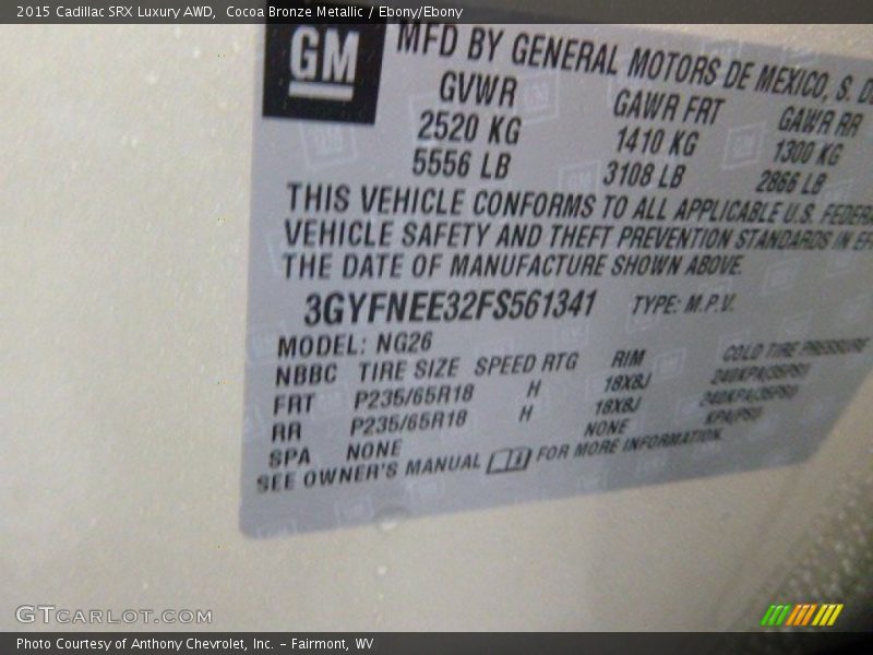 Cocoa Bronze Metallic / Ebony/Ebony 2015 Cadillac SRX Luxury AWD