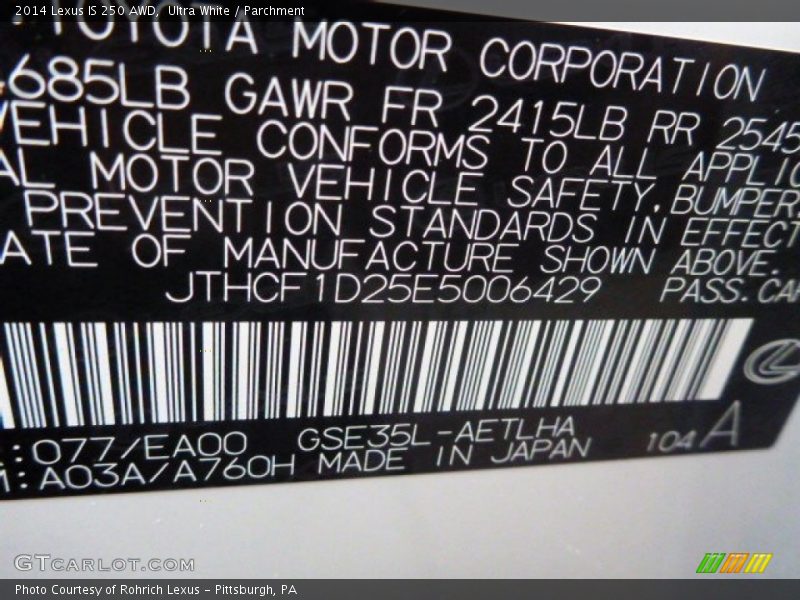 Ultra White / Parchment 2014 Lexus IS 250 AWD