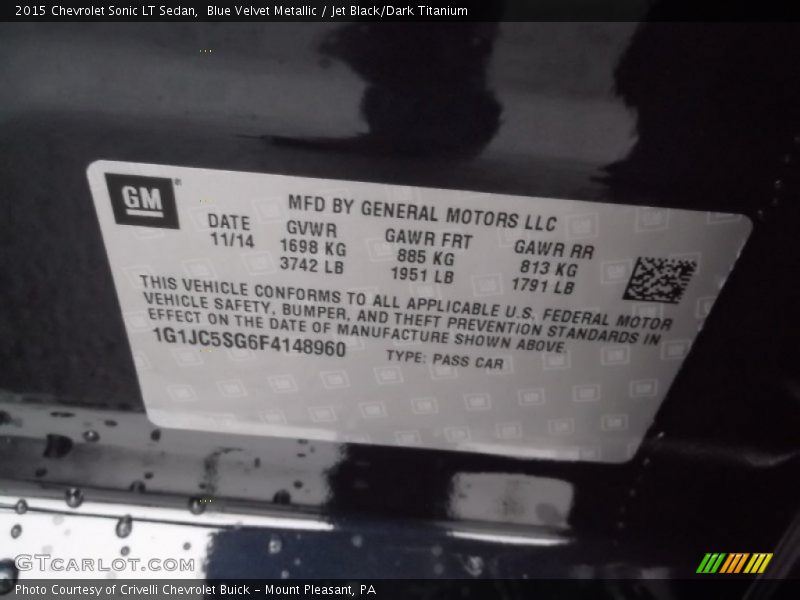 Blue Velvet Metallic / Jet Black/Dark Titanium 2015 Chevrolet Sonic LT Sedan