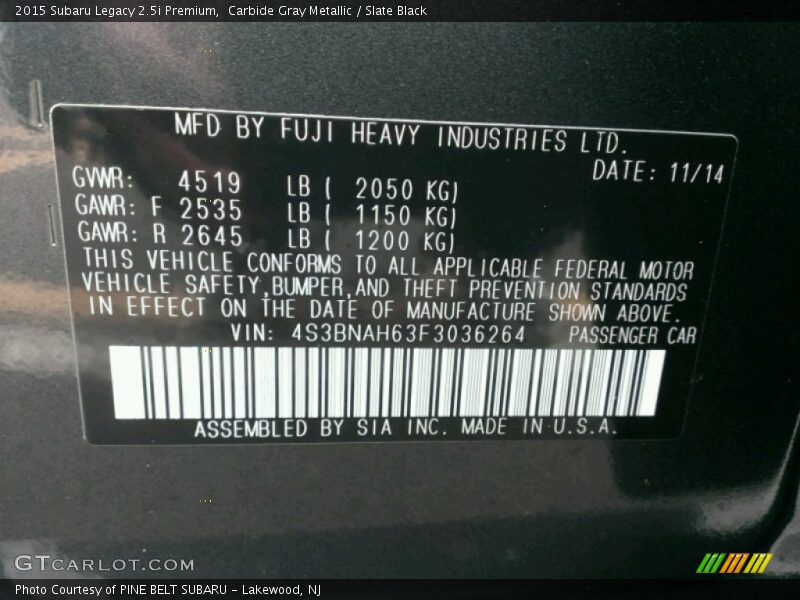 Carbide Gray Metallic / Slate Black 2015 Subaru Legacy 2.5i Premium