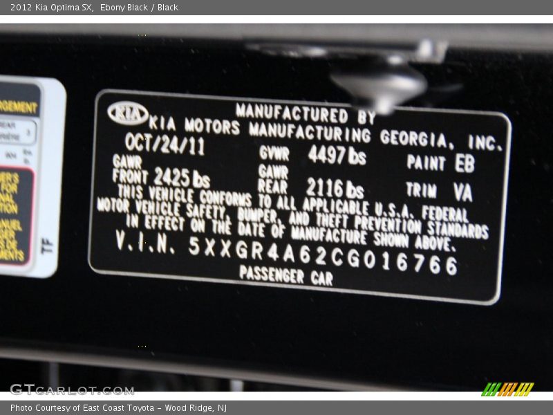 Ebony Black / Black 2012 Kia Optima SX