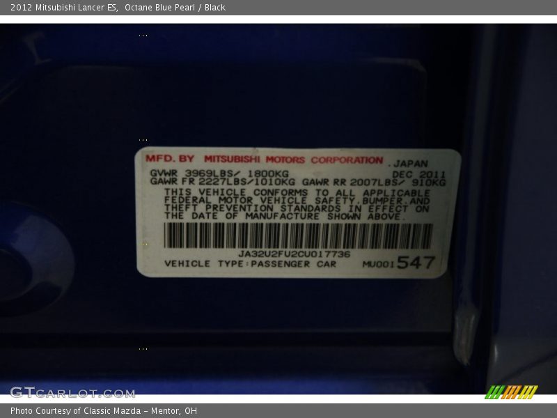 Octane Blue Pearl / Black 2012 Mitsubishi Lancer ES
