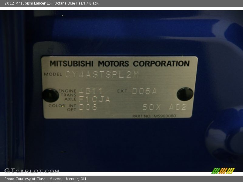 Octane Blue Pearl / Black 2012 Mitsubishi Lancer ES