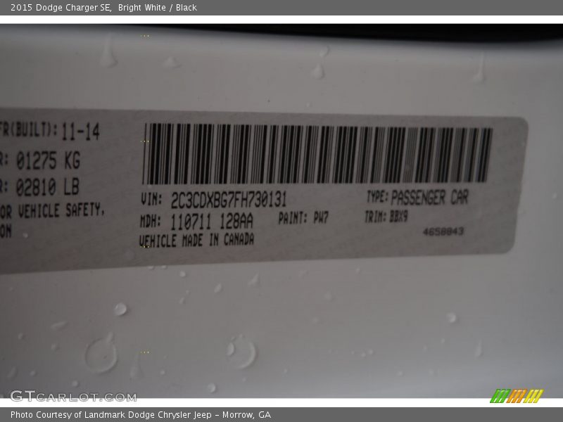 2015 Charger SE Bright White Color Code PW7