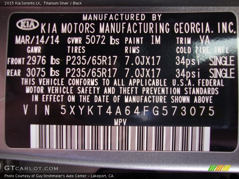 2015 Sorento LX Titanium Silver Color Code VA