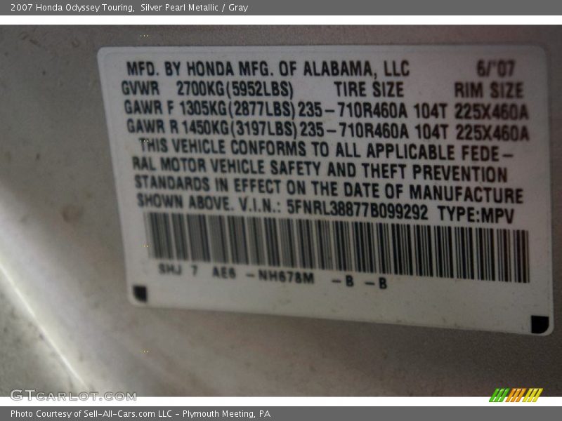 Silver Pearl Metallic / Gray 2007 Honda Odyssey Touring