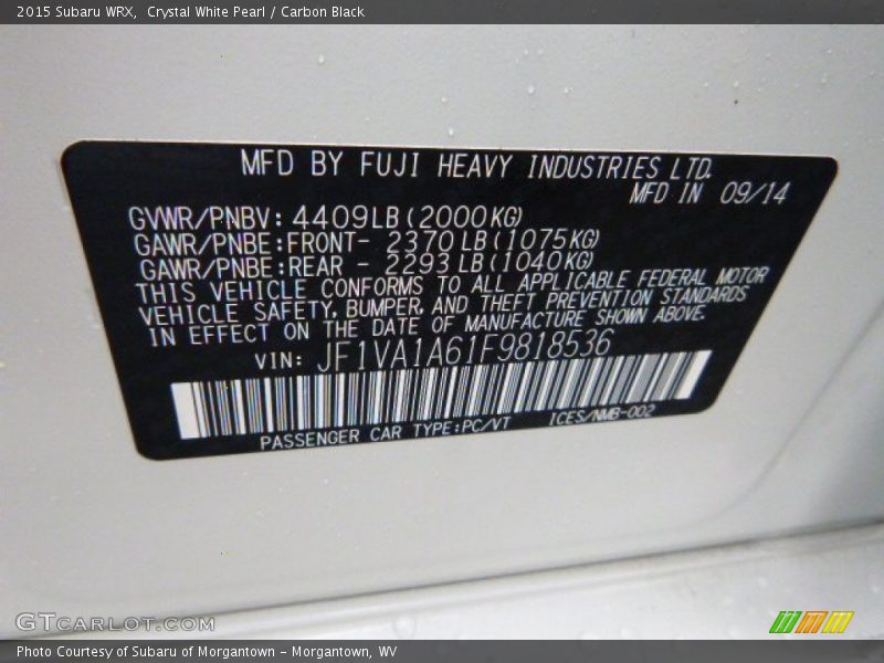 Crystal White Pearl / Carbon Black 2015 Subaru WRX