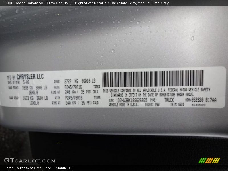 Bright Silver Metallic / Dark Slate Gray/Medium Slate Gray 2008 Dodge Dakota SXT Crew Cab 4x4