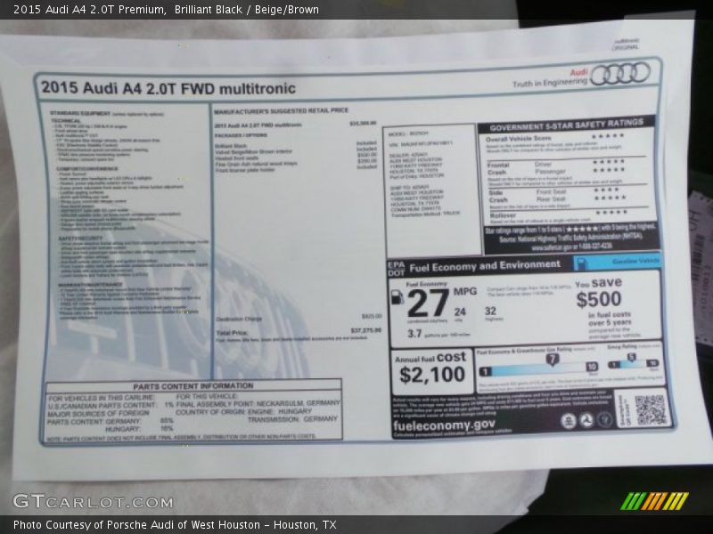  2015 A4 2.0T Premium Window Sticker