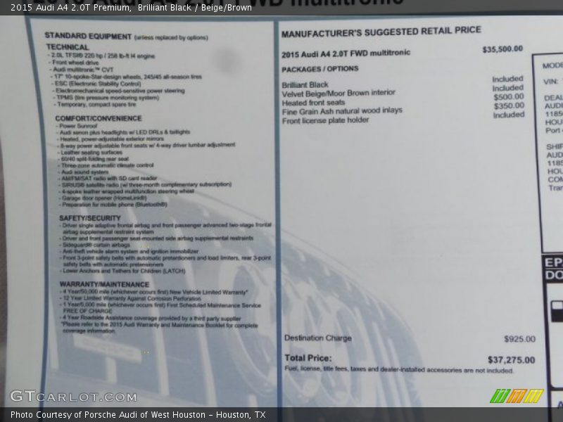 Brilliant Black / Beige/Brown 2015 Audi A4 2.0T Premium