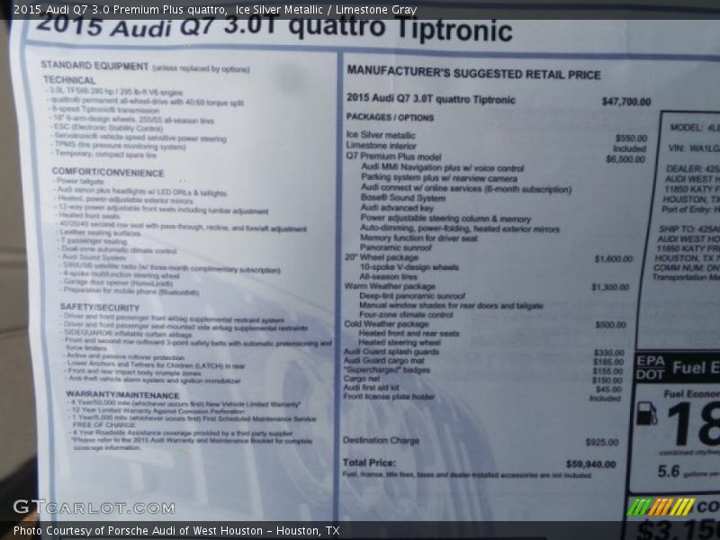  2015 Q7 3.0 Premium Plus quattro Window Sticker