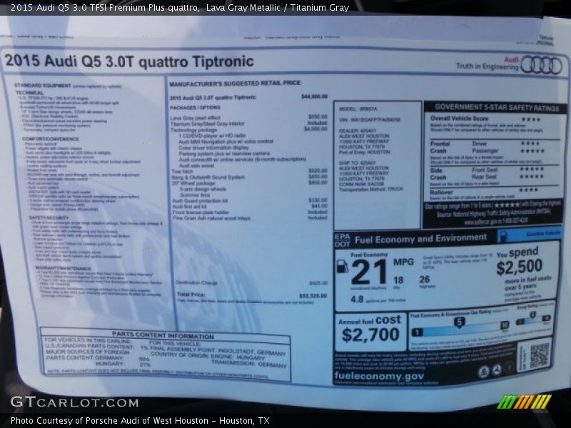 Lava Gray Metallic / Titanium Gray 2015 Audi Q5 3.0 TFSI Premium Plus quattro